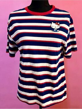 Hello Kitty Striped Red, Blue, White T-Shirt - Size Medium